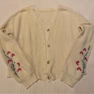 Cream Cardigan with Red mushroom Embroidery